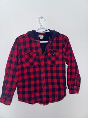 L.L. Bean Kids Red and Black Buffalo Plaid Hooded Button-Down
